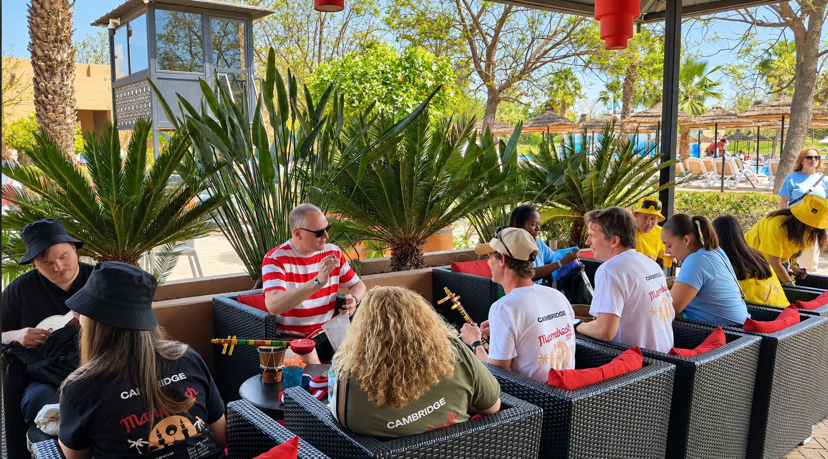 Cambridge Audio team gathered on a hotel terrace in Marrakech during a brand event