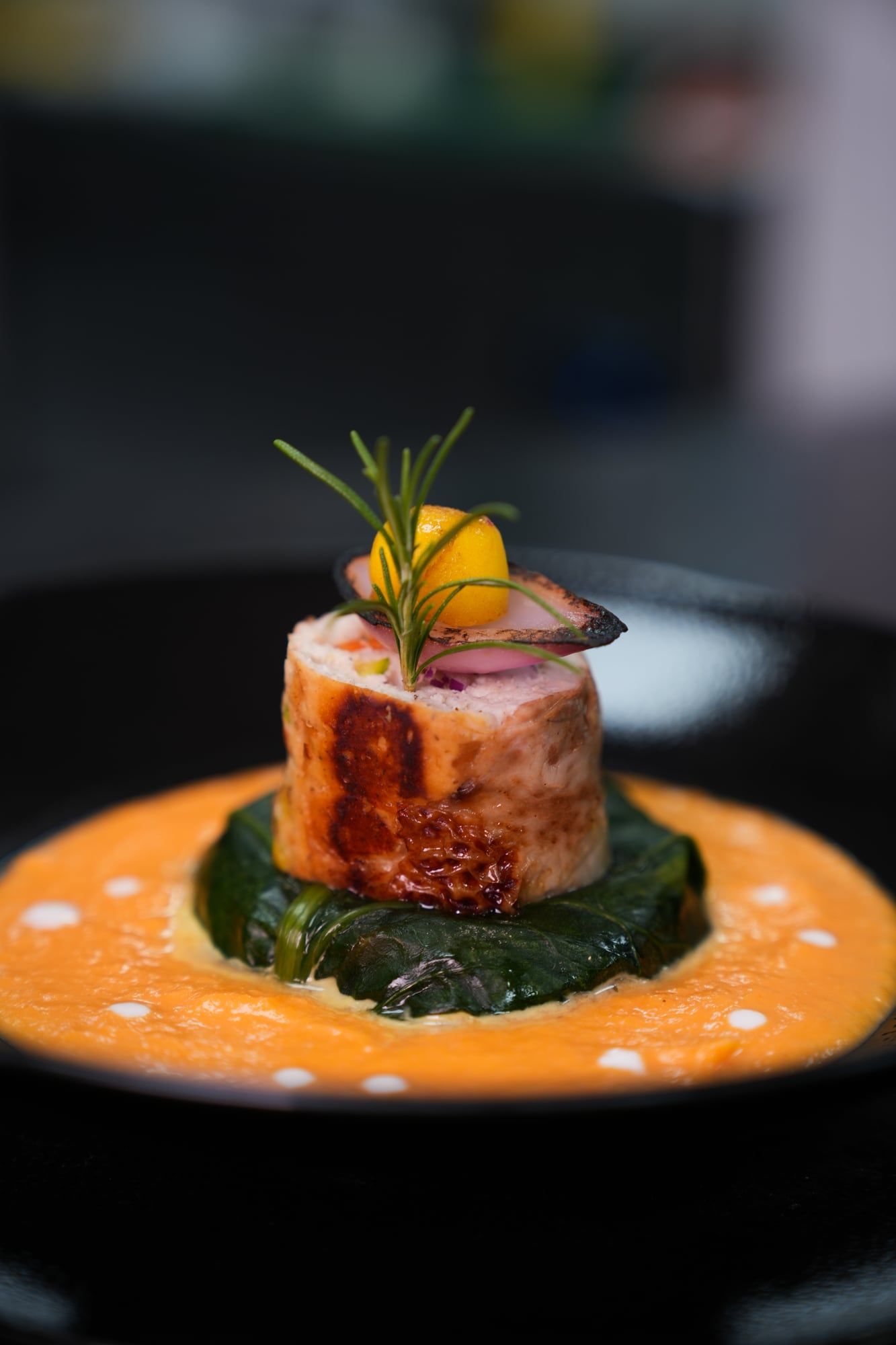 Close-up of a plated main course garnished with herbs