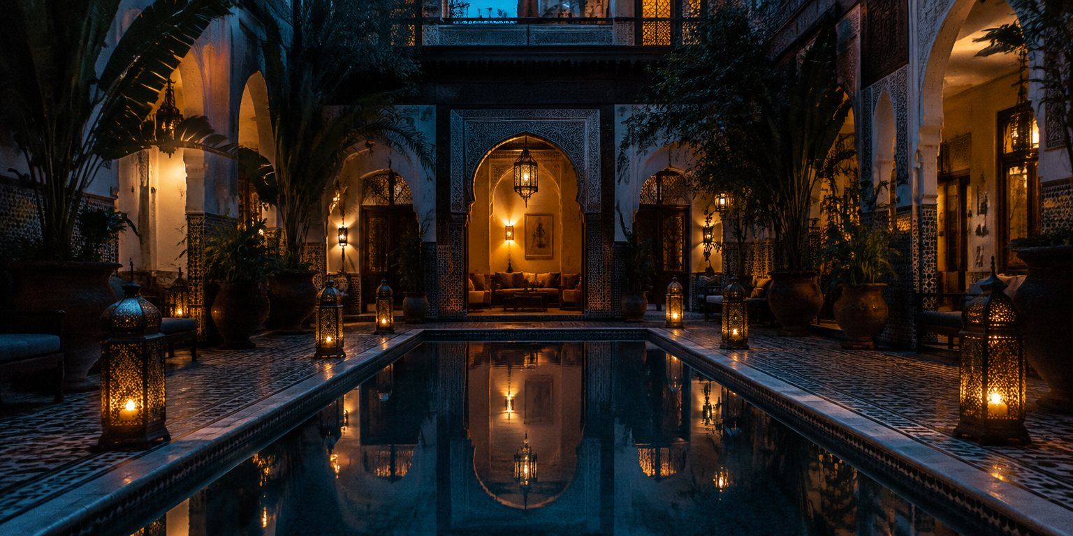 Riad courtyard pool at blue hour in Marrakech