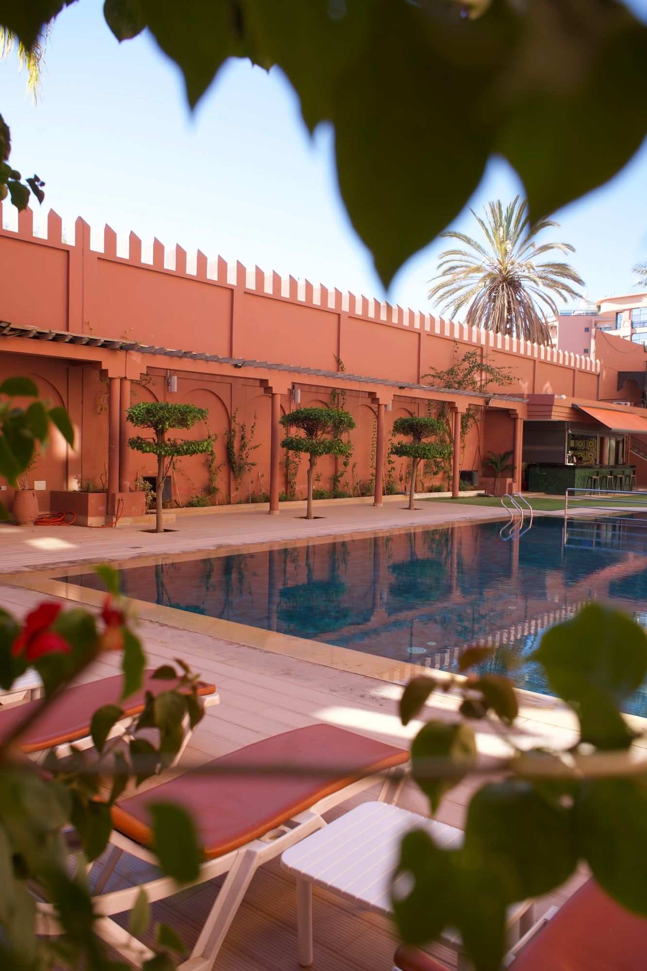 Hotel pool and terracotta walls framed by leaves