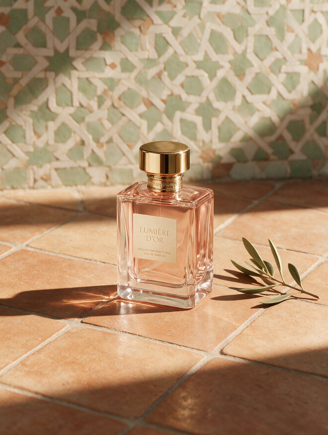 Perfume bottle on tiles in hard sunlight