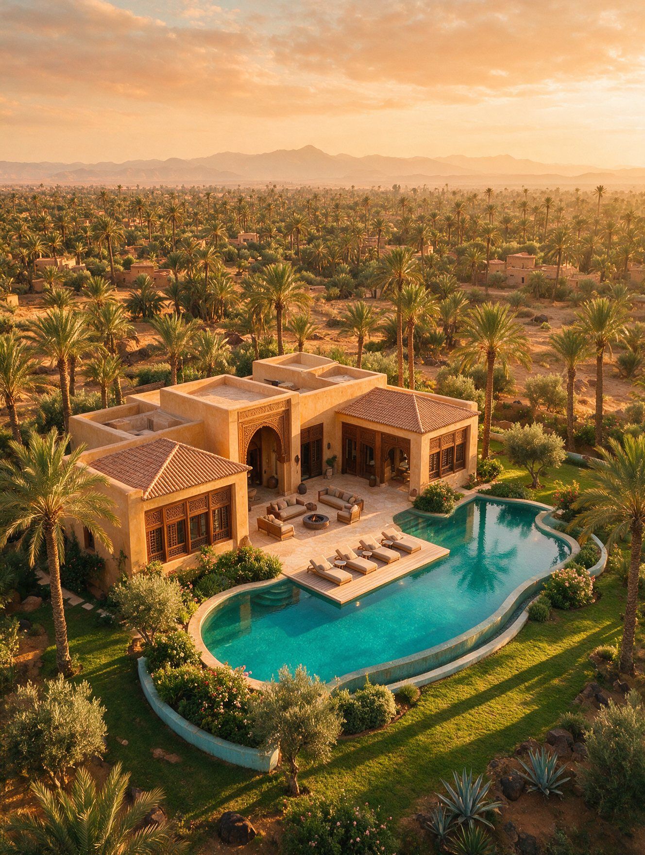 Aerial view of a villa and pool in the Marrakech palm grove