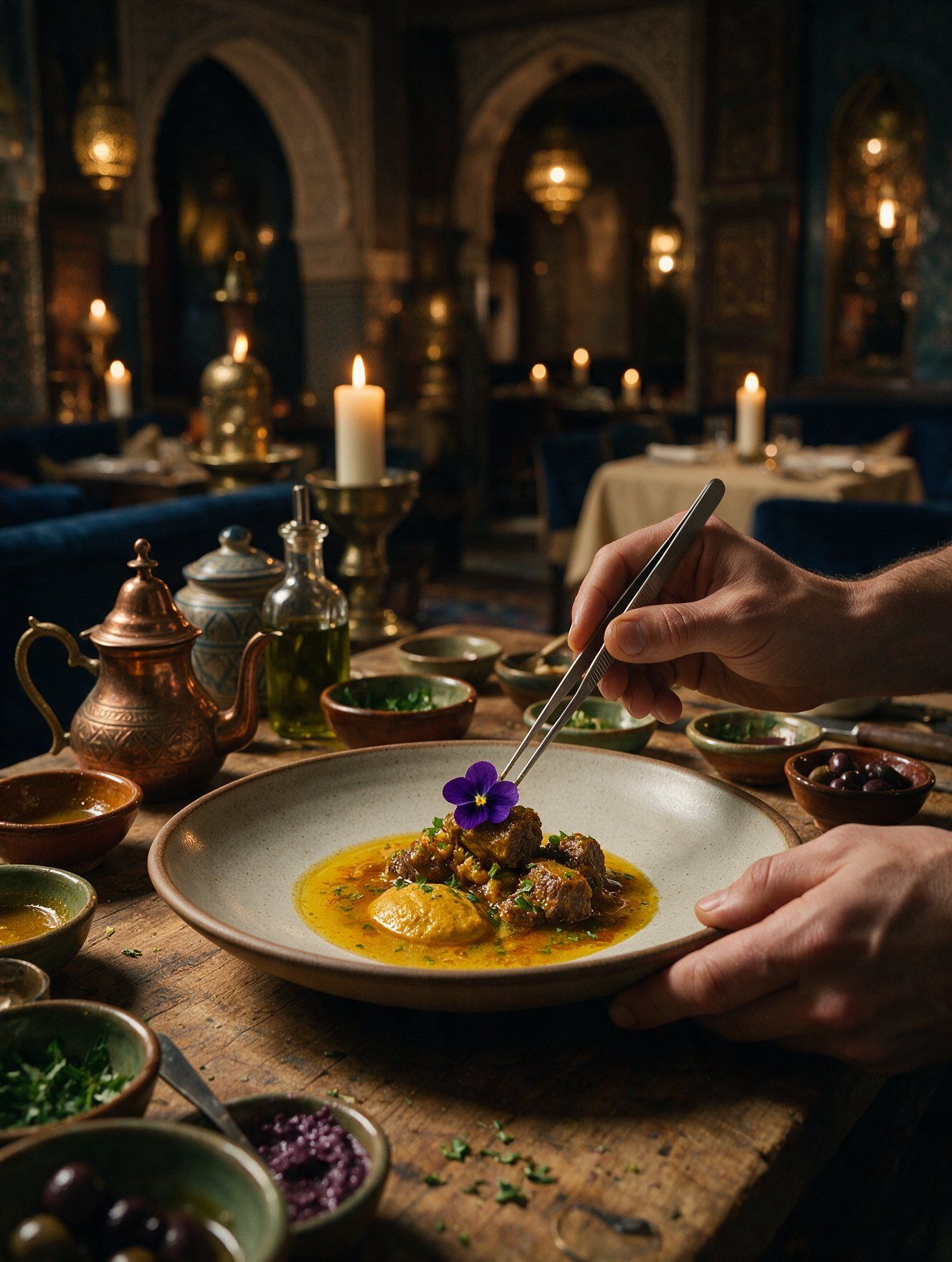 Chef plating a dish in a candlelit restaurant
