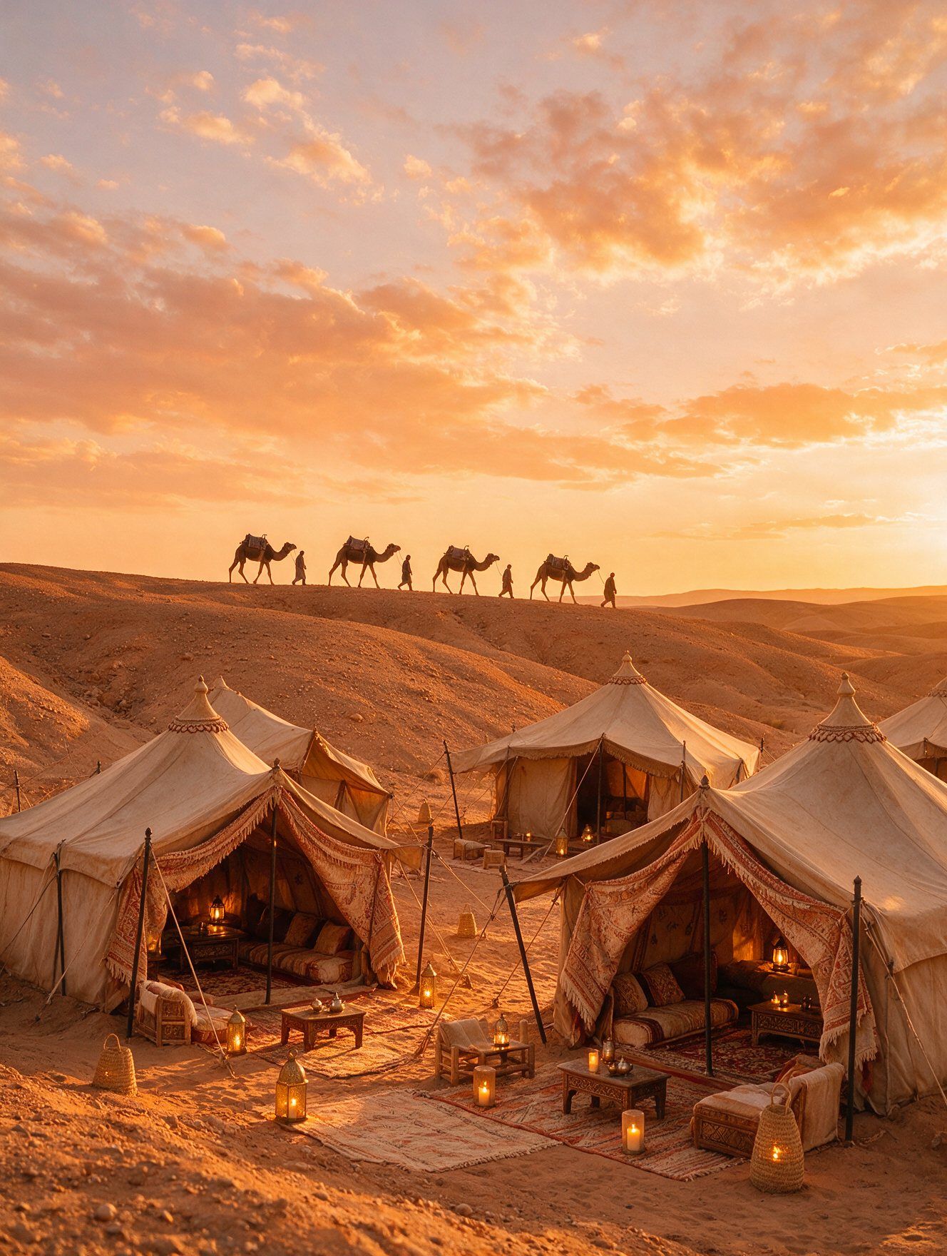 Luxury desert camp at sunset in the Agafay desert
