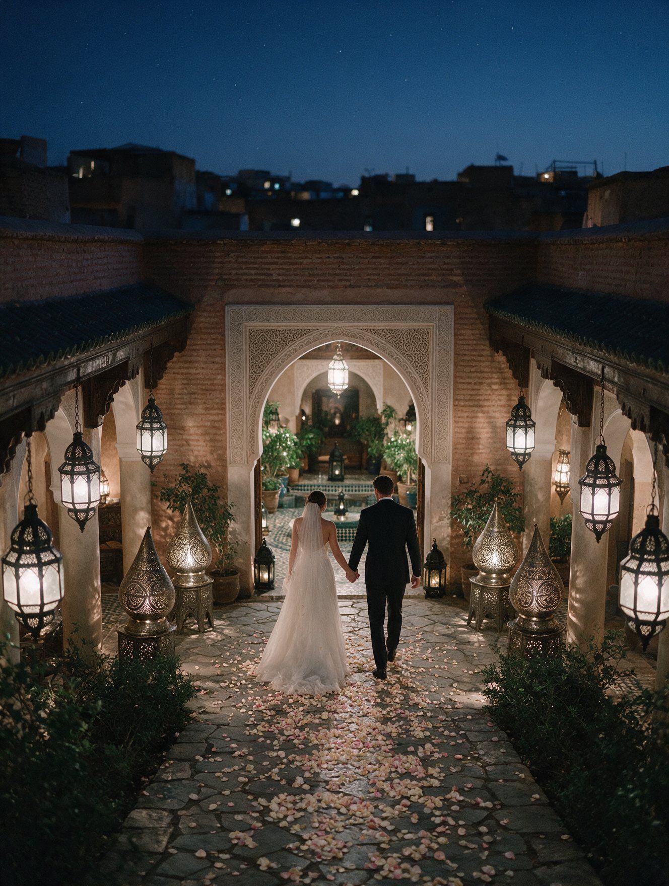 Couple walking through a lantern-lit riad terrace at dusk