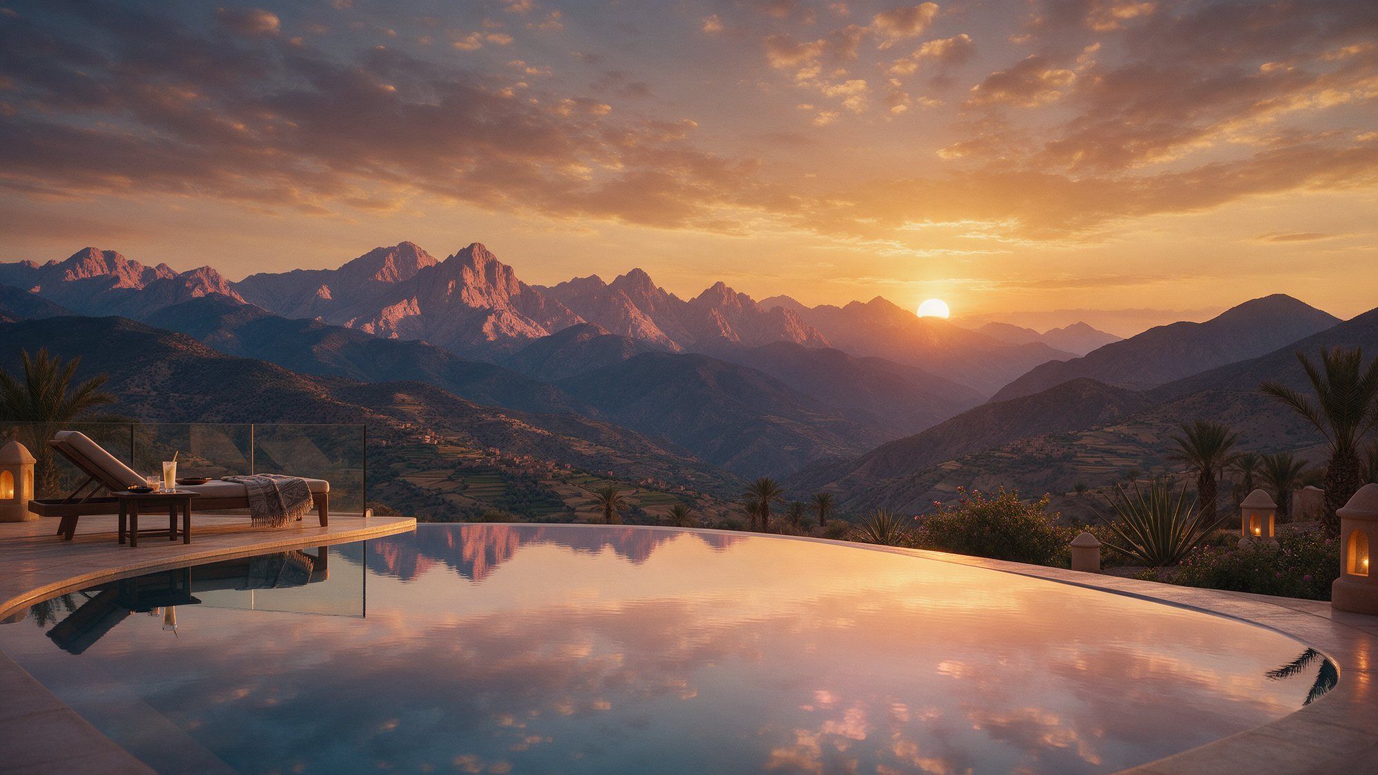 Infinity pool facing the Atlas mountains at sunset